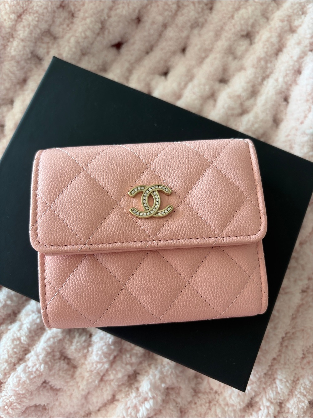 CHANEL Pink Quilted Leather Small Wallet with Gold CC Charm